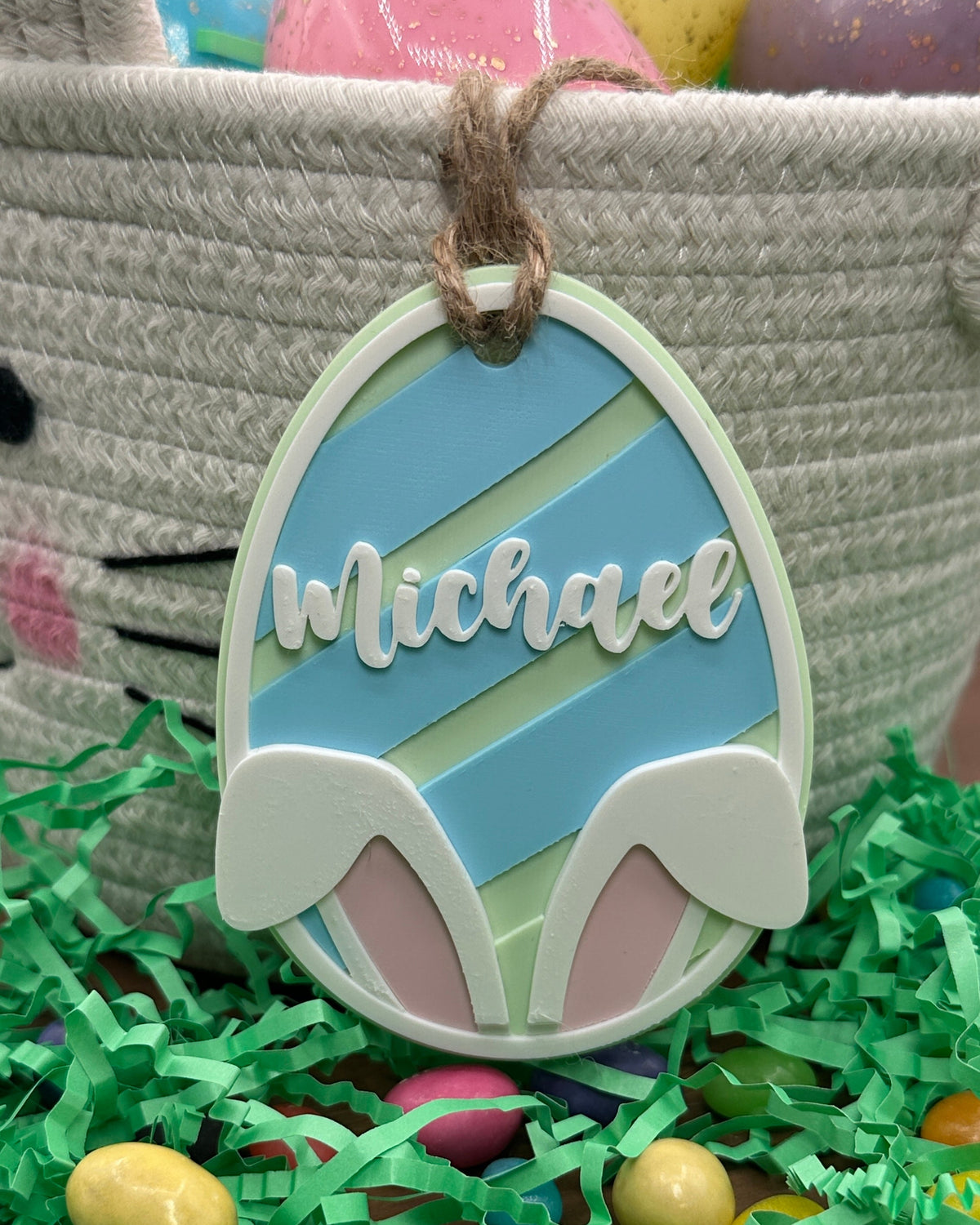 Personalized Easter Bunny Name Tag – 3D Printed Basket Egg Decor