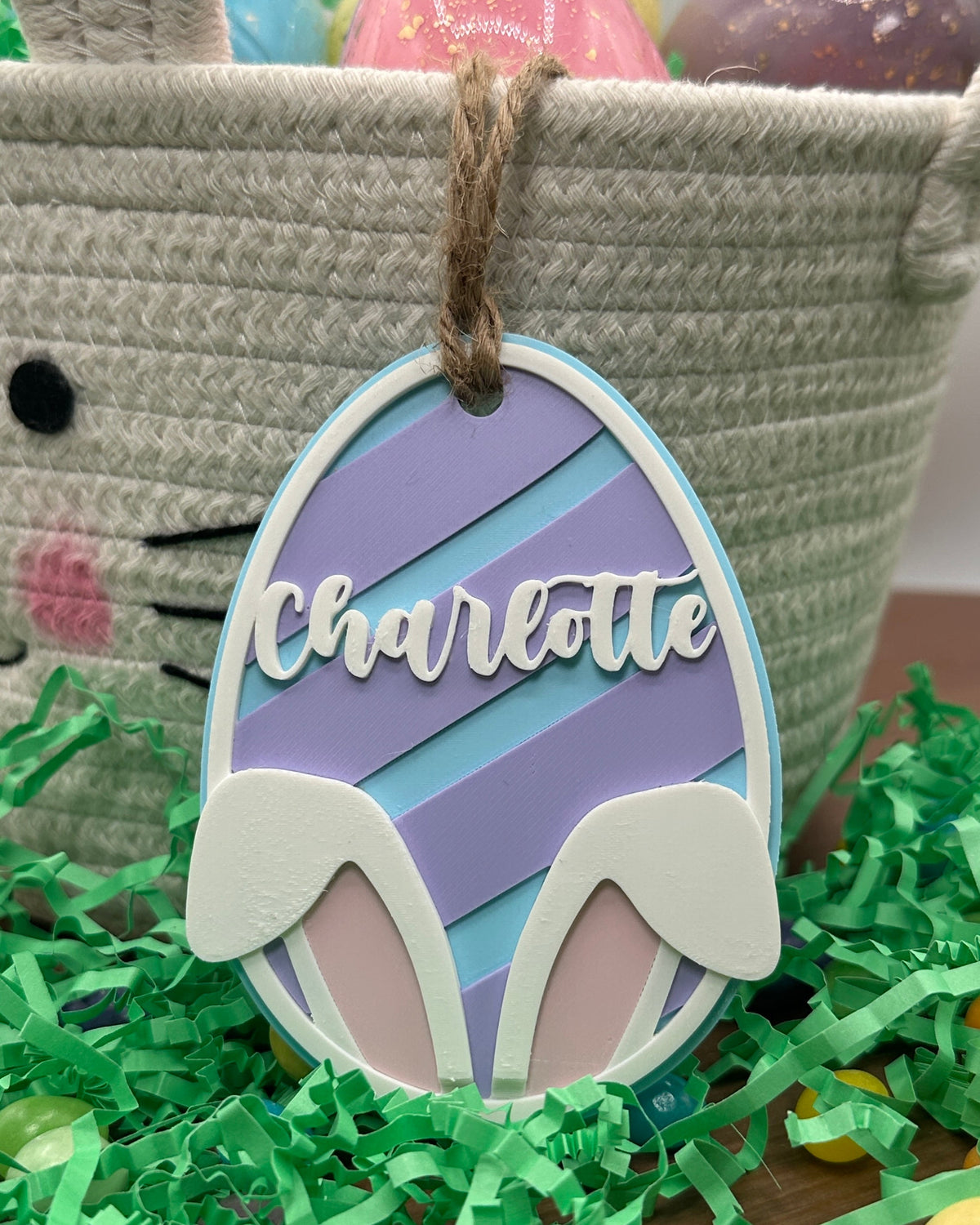 Personalized Easter Bunny Name Tag – 3D Printed Basket Egg Decor