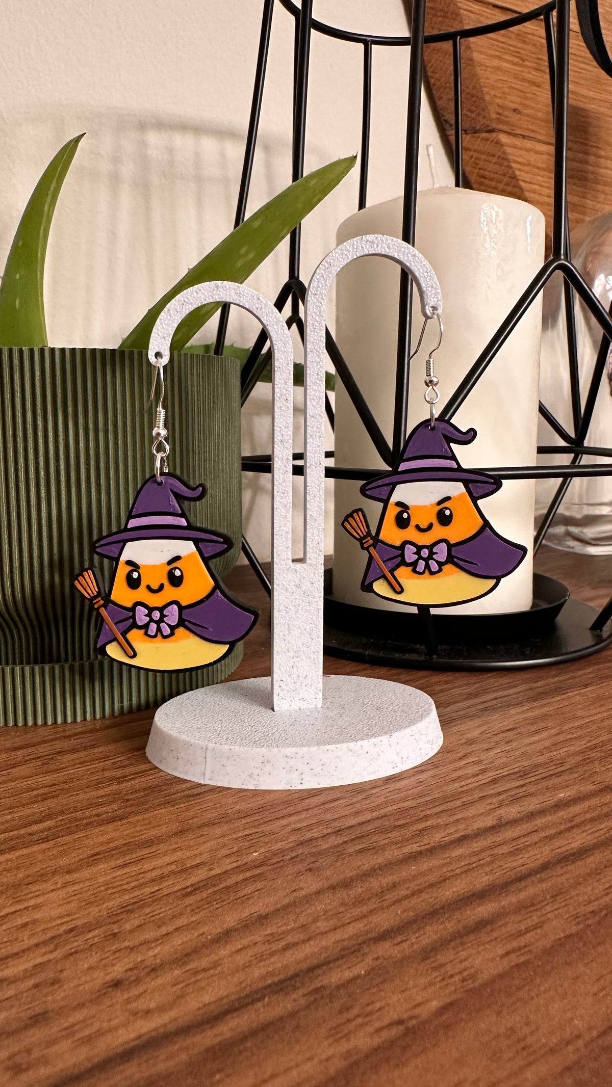 Candy Corn Witch Earrings – Spooky Cute Halloween Dangles | 3D Printed Candy Corn Jewelry | Witchy Fall Fun