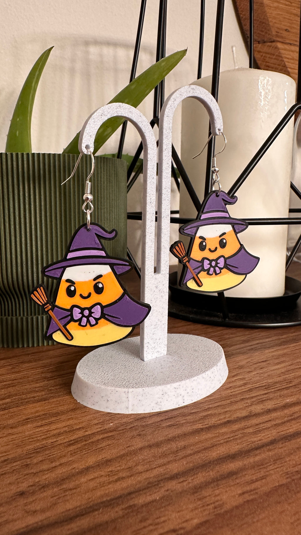 Candy Corn Witch Earrings – Spooky Cute Halloween Dangles | 3D Printed Candy Corn Jewelry | Witchy Fall Fun