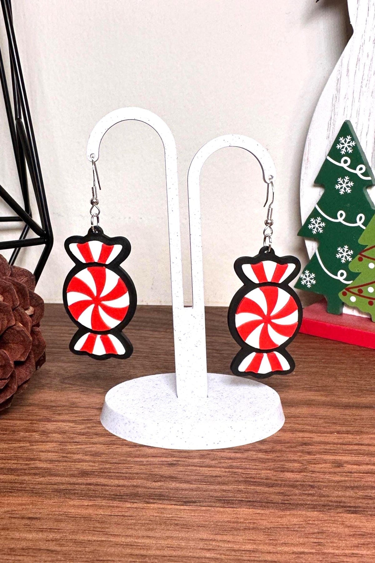 3D Printed Peppermint Earrings – Red & White Christmas Candy Earrings | Lightweight Holiday Jewelry